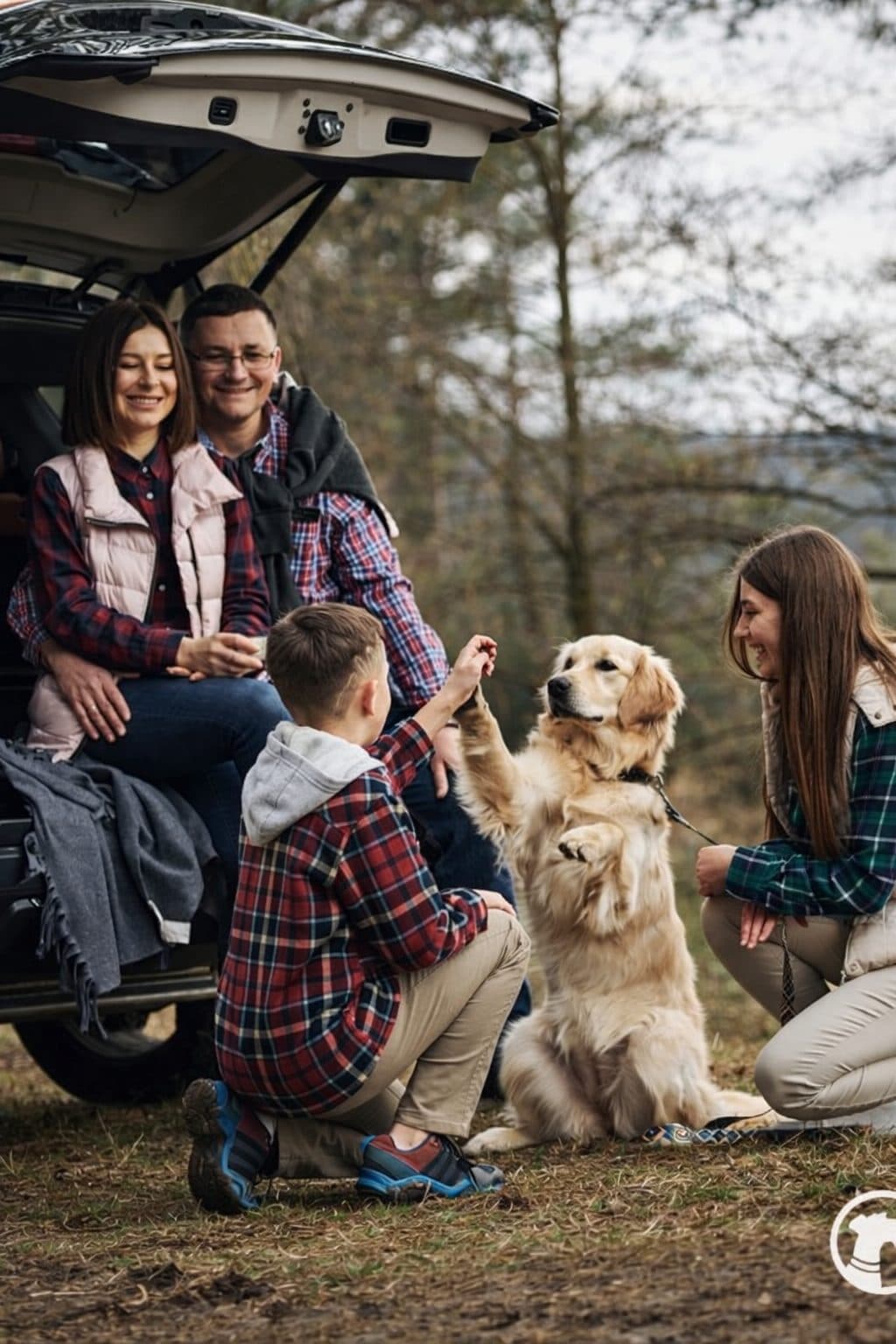 A family with their golden retriever on a forest outing — private memories kept in a Family Cloud Backup album