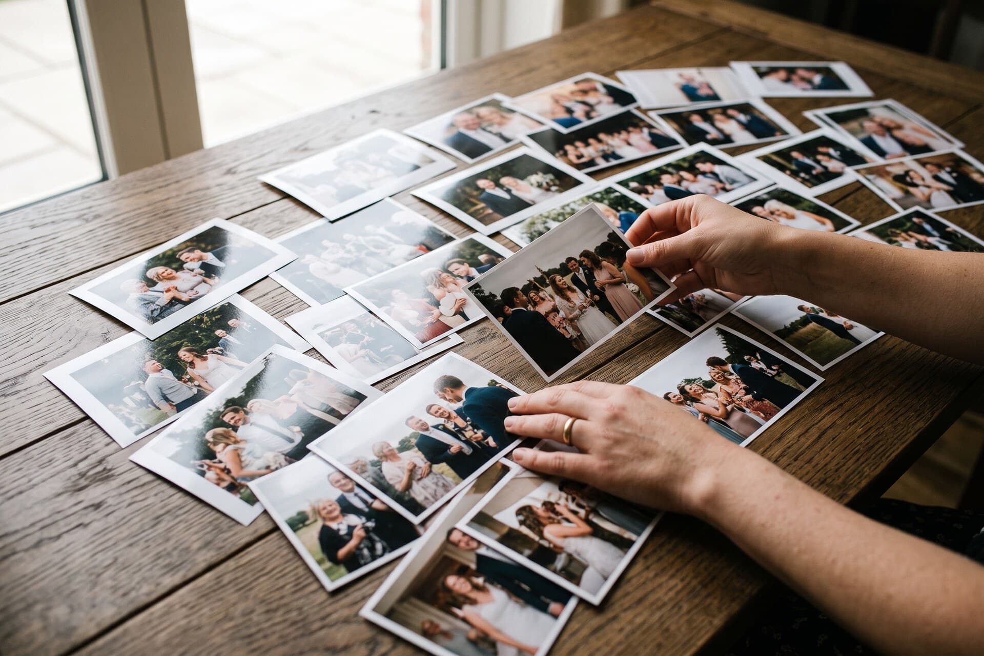 Printed photographs laid out on a table being chosen by hand