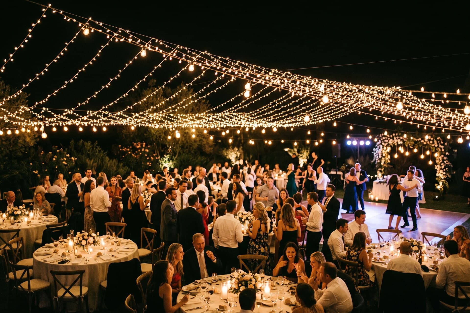 An evening reception in full flow, string lights overhead