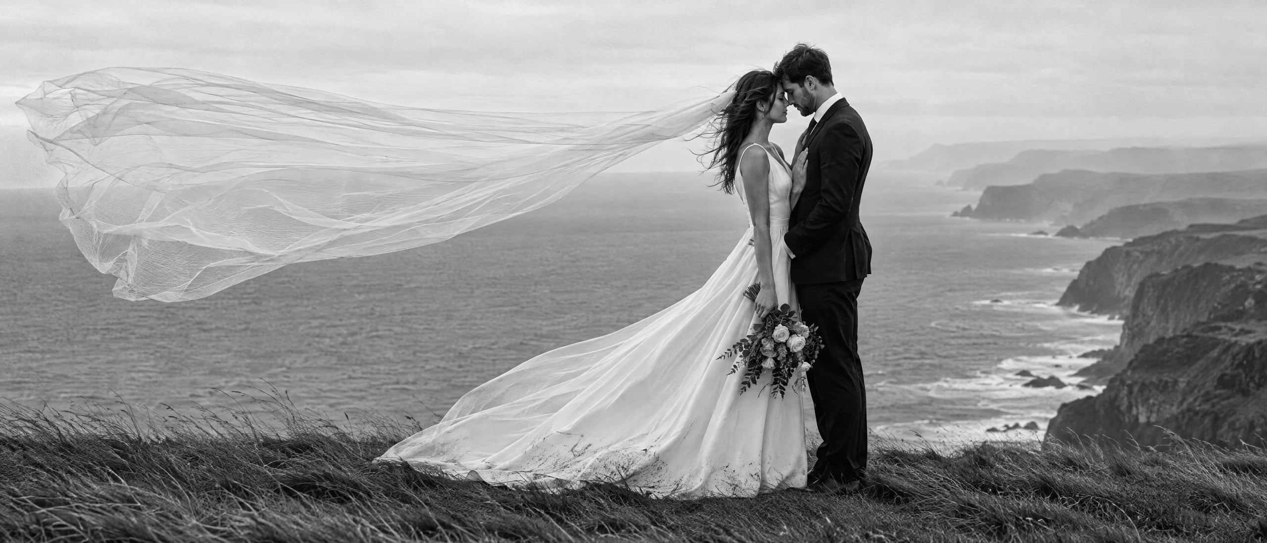 A black-and-white photograph of a bride and groom alone on a clifftop above the sea, foreheads together, her long veil streaming out across the frame in the wind
