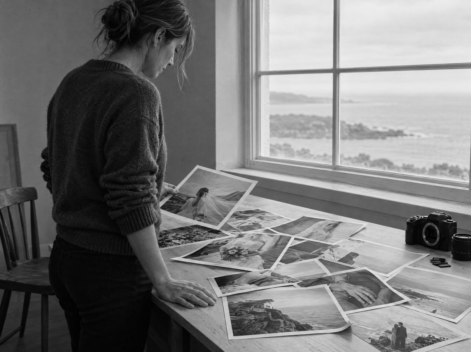 A photographer alone in her studio, going through a spread of large wedding prints laid out across a worktable by a window