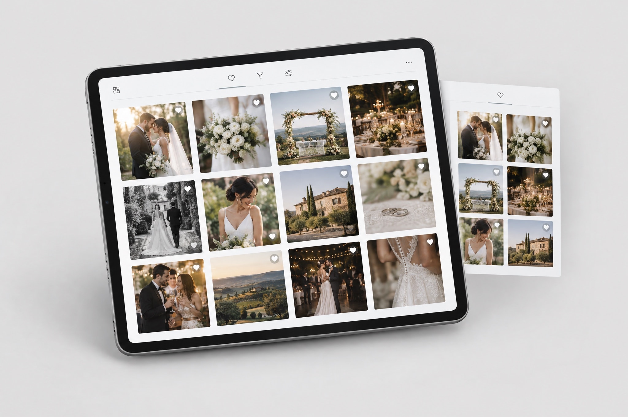 Printed photographs laid out on a table being chosen by hand