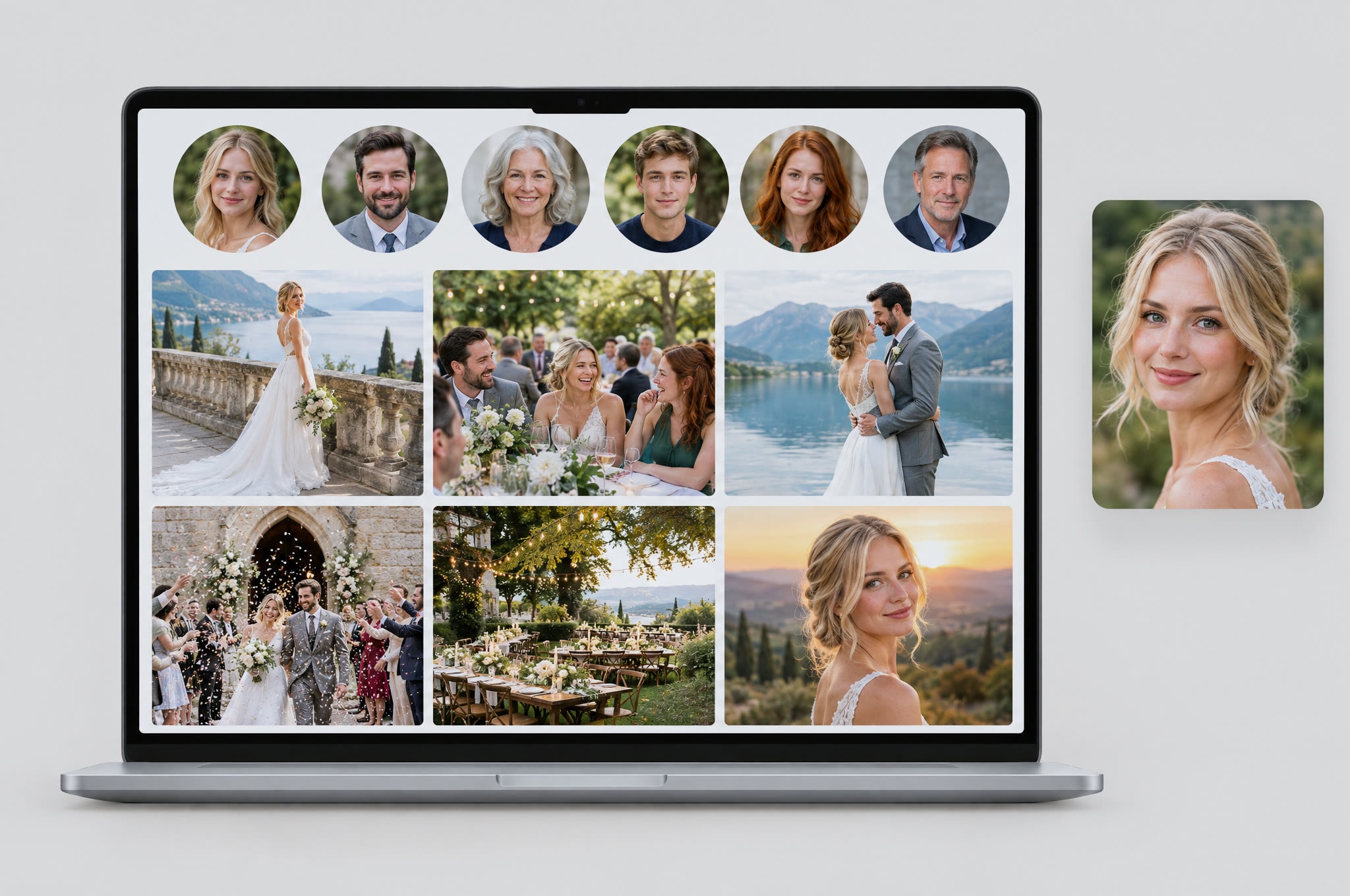 A laptop showing a row of guests' faces above that person's own photographs from the event