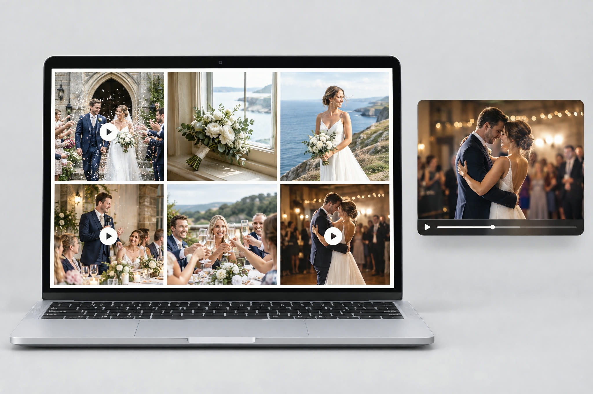 A gallery of event photographs where several tiles carry a play badge, marking them as video clips