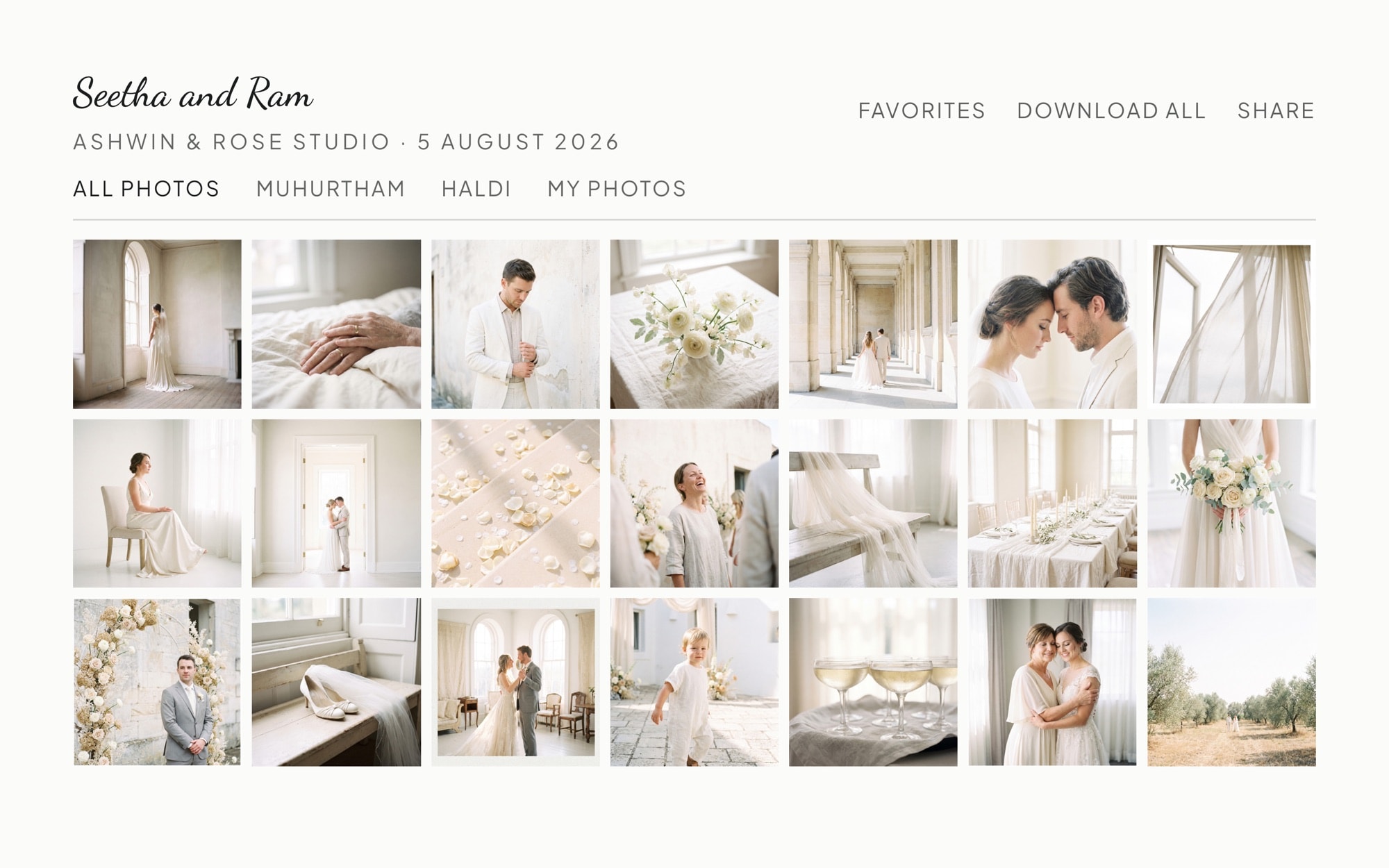 A delivered InstantPix gallery, with the studio's name over the event's own sections