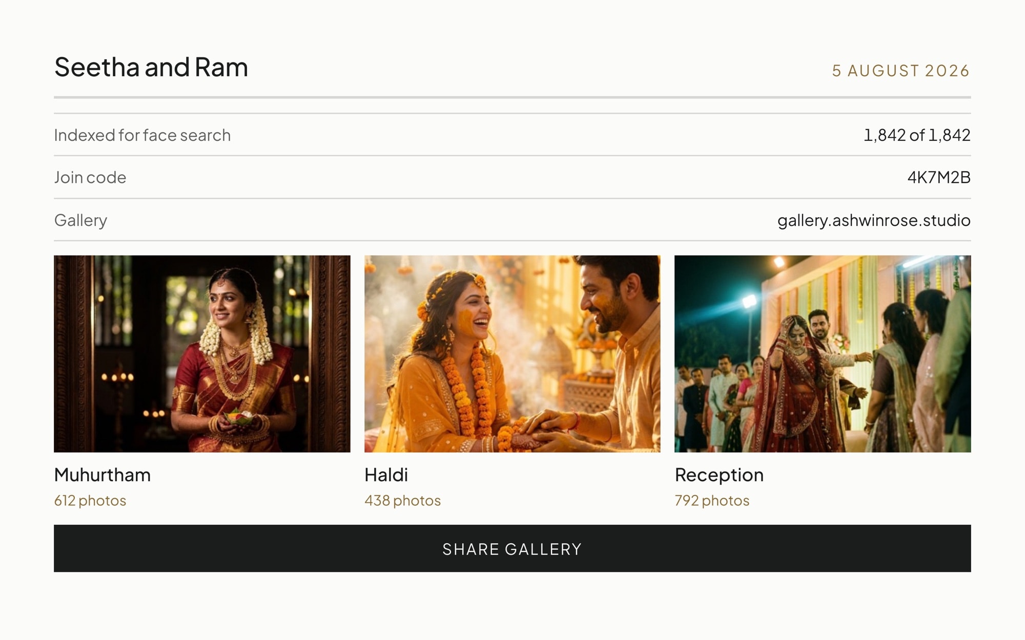 The InstantPix event screen, showing indexing progress, the join code and the gallery address
