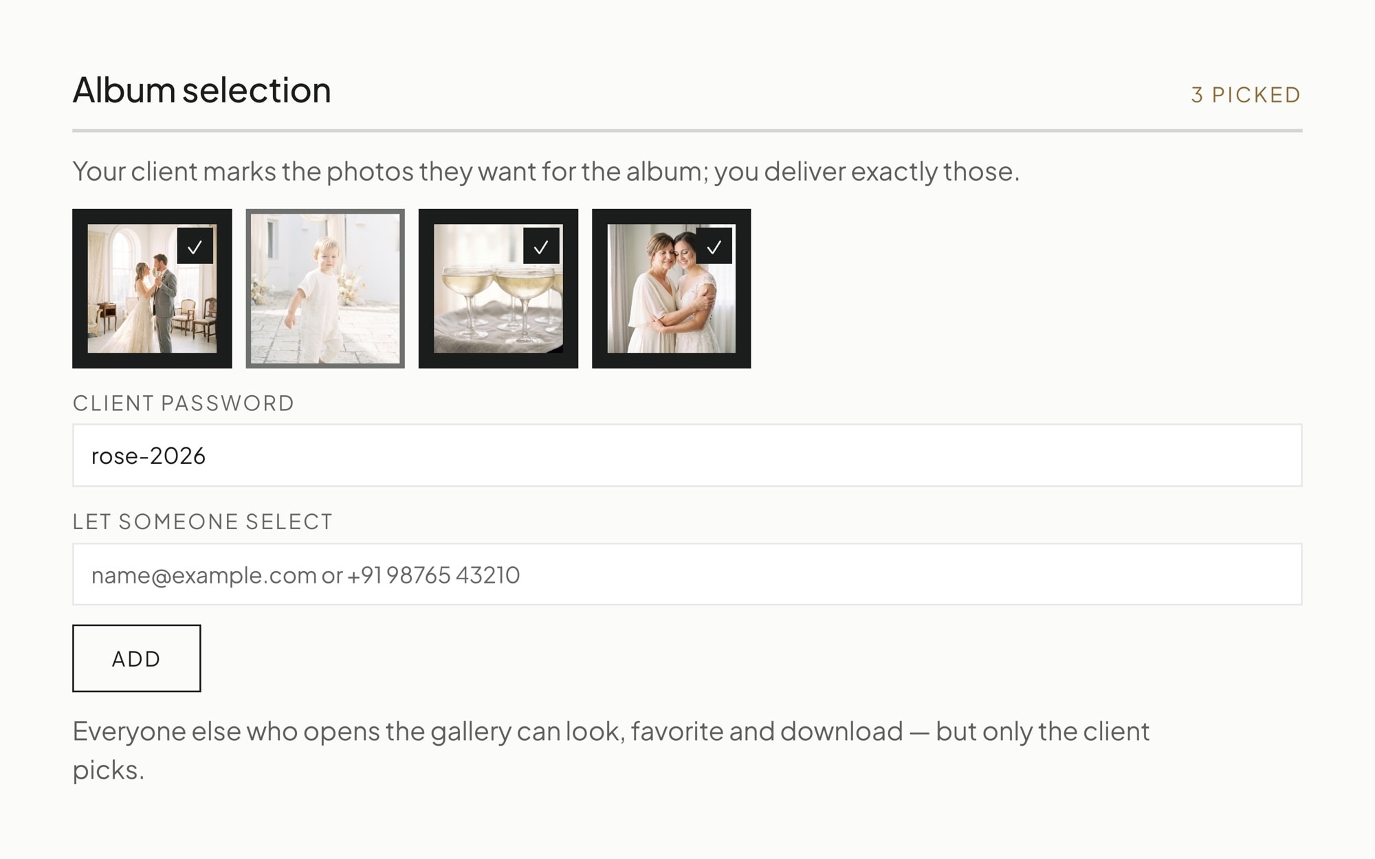 The album selection screen in InstantPix, showing picked frames and who is allowed to pick