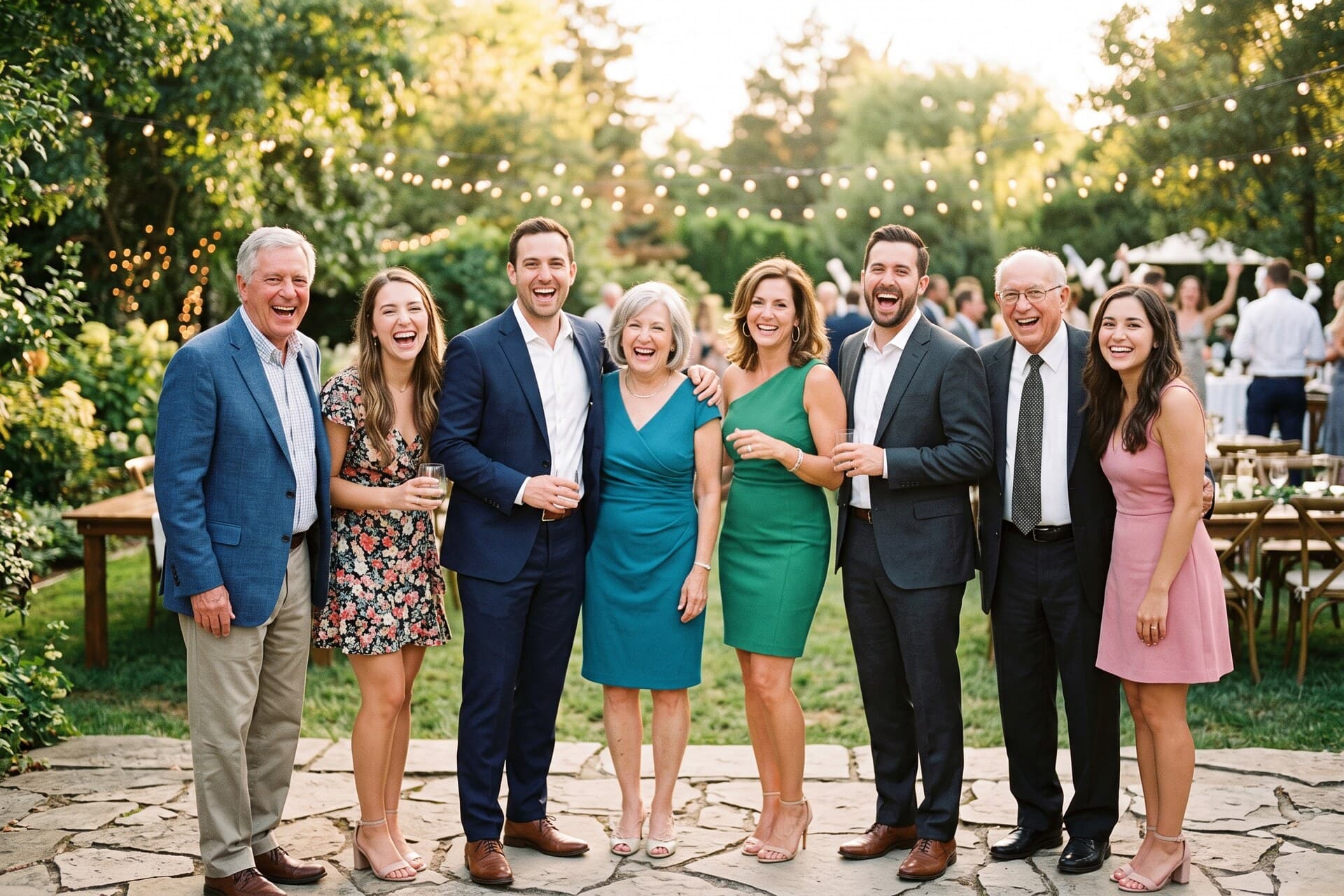 A group of wedding guests photographed together, several faces clearly visible