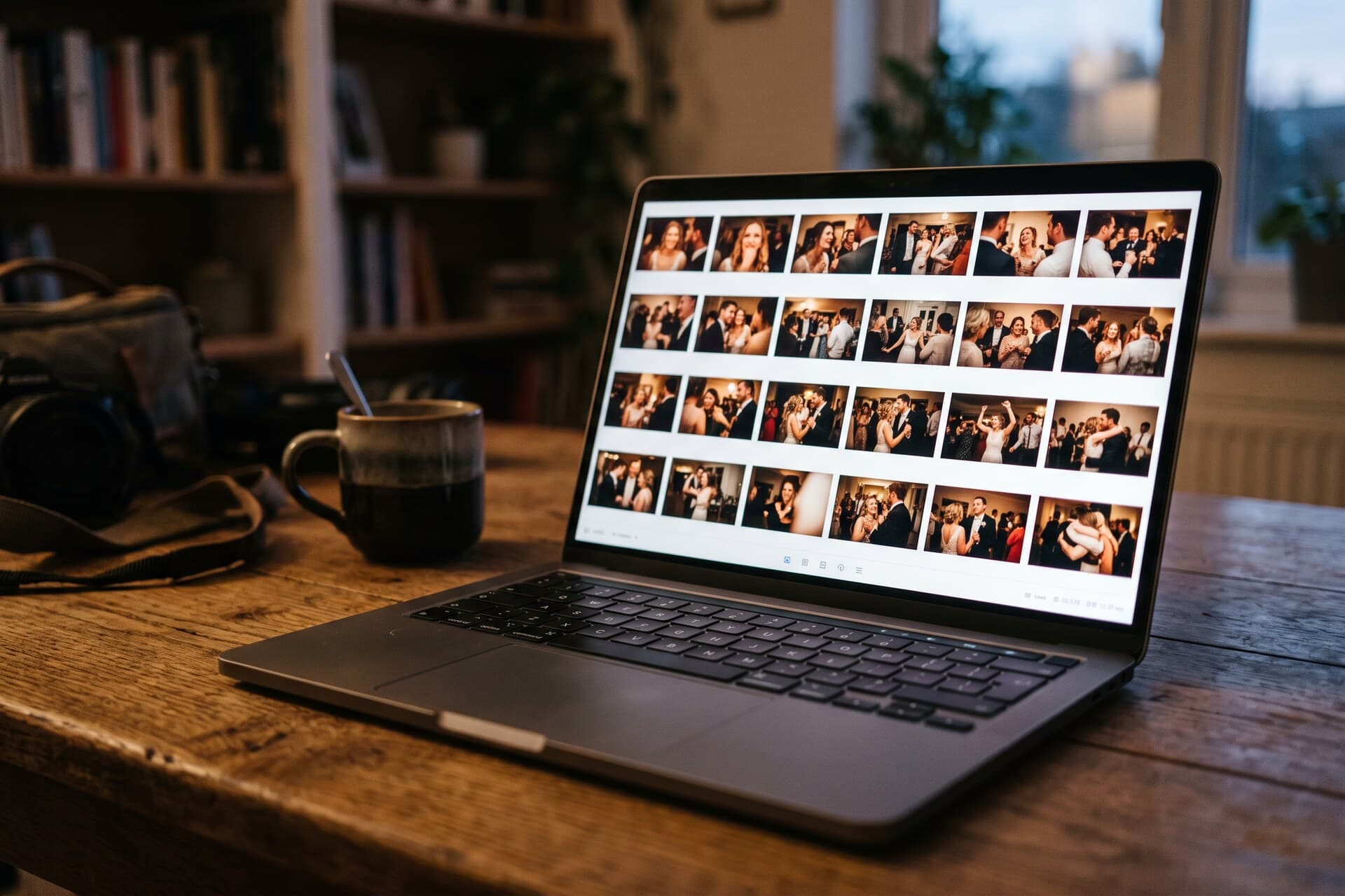 A laptop showing a grid of event photographs
