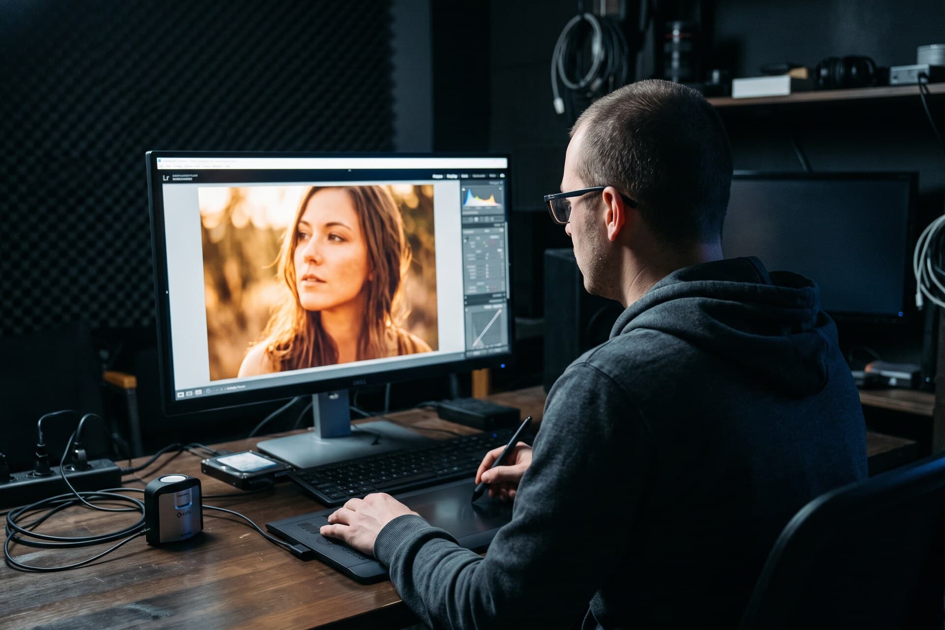 A photographer editing photographs on a colour-calibrated monitor
