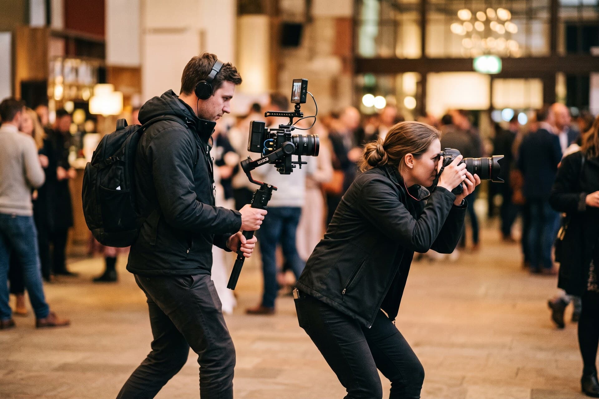 A videographer filming while a photographer shoots the same moment
