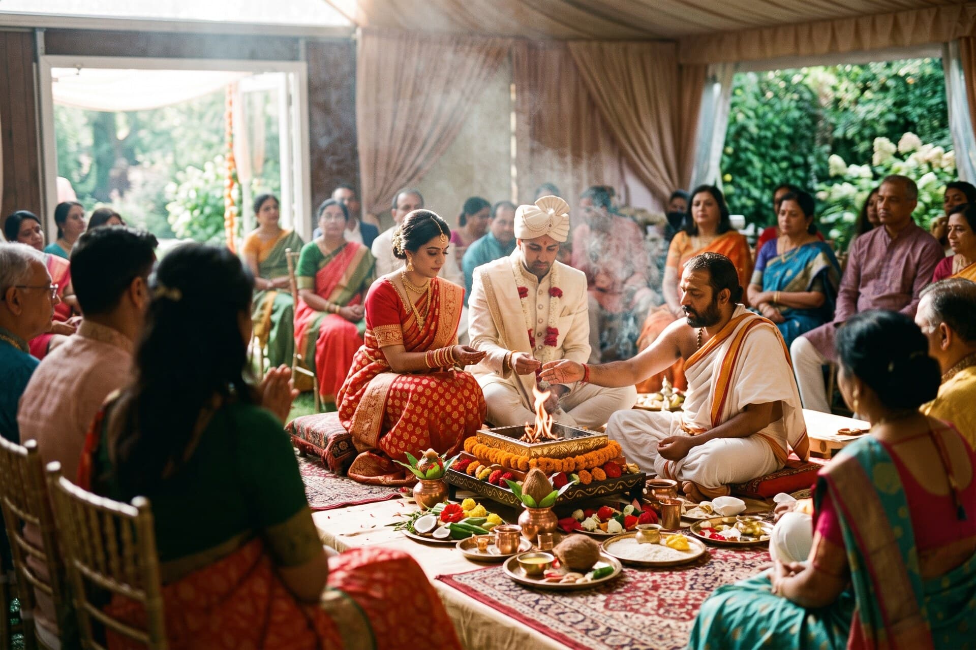 A wedding ceremony mid-ritual, guests seated around