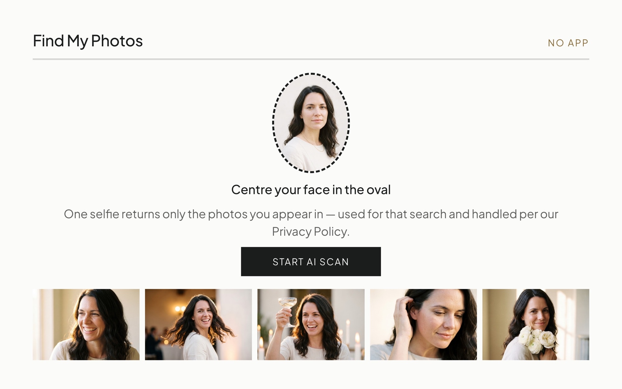 The Find My Photos face-search capture screen, with a guest's own results below it
