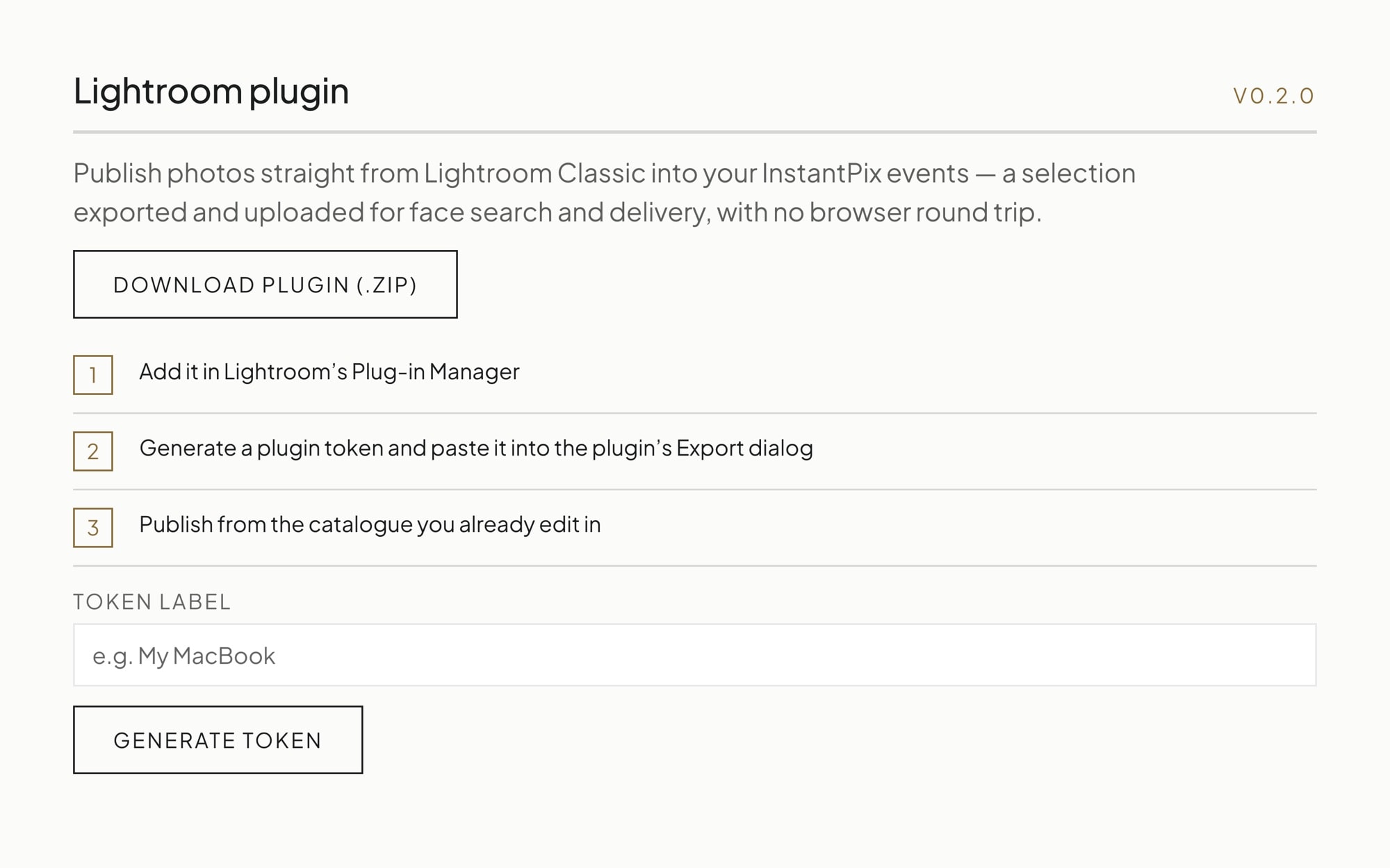 The InstantPix Lightroom Classic plug-in screen, with the plugin download and token generator