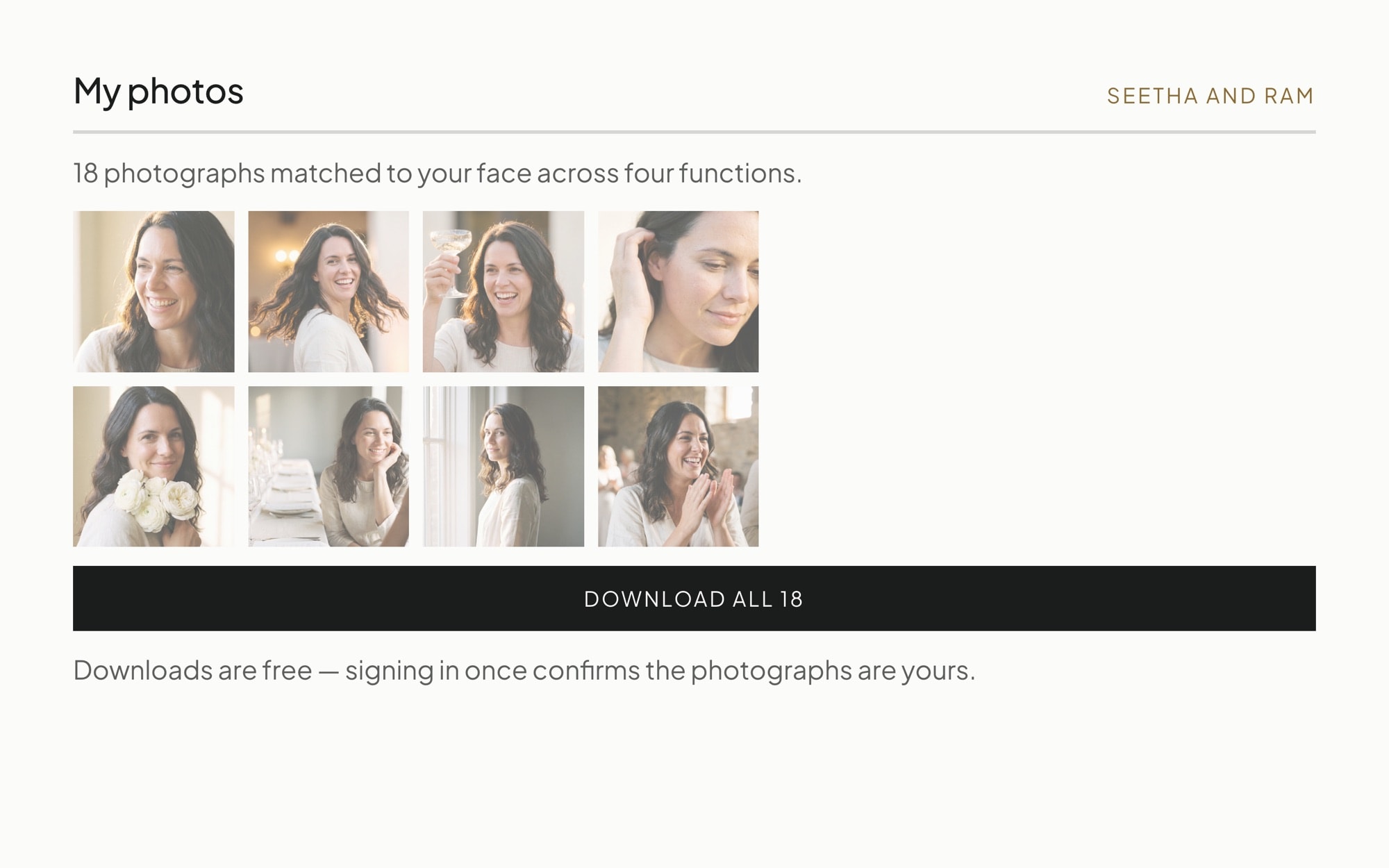 A guest's own matched photographs in InstantPix, with a single download for all of them