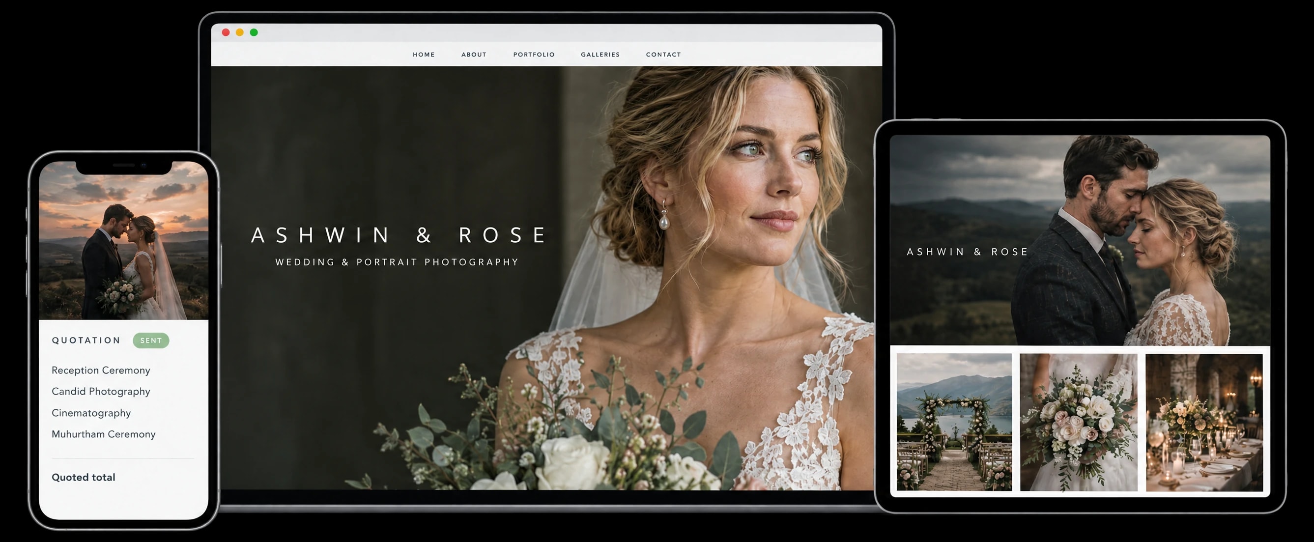 The same studio on three screens: its portfolio site in a browser, a quotation on a phone, and a delivered client gallery on a tablet