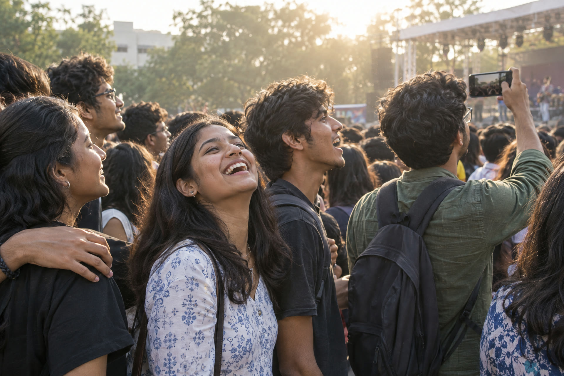 Energetic crowd with hands raised under colorful stage lights at a college fest — InstantPix college fest photo search