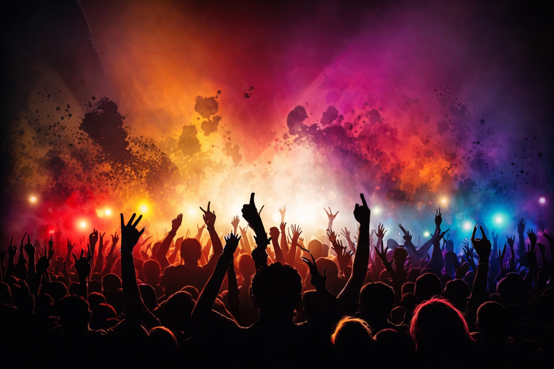 Energetic crowd with hands raised under colorful stage lights at a college fest — InstantPix college fest photo search