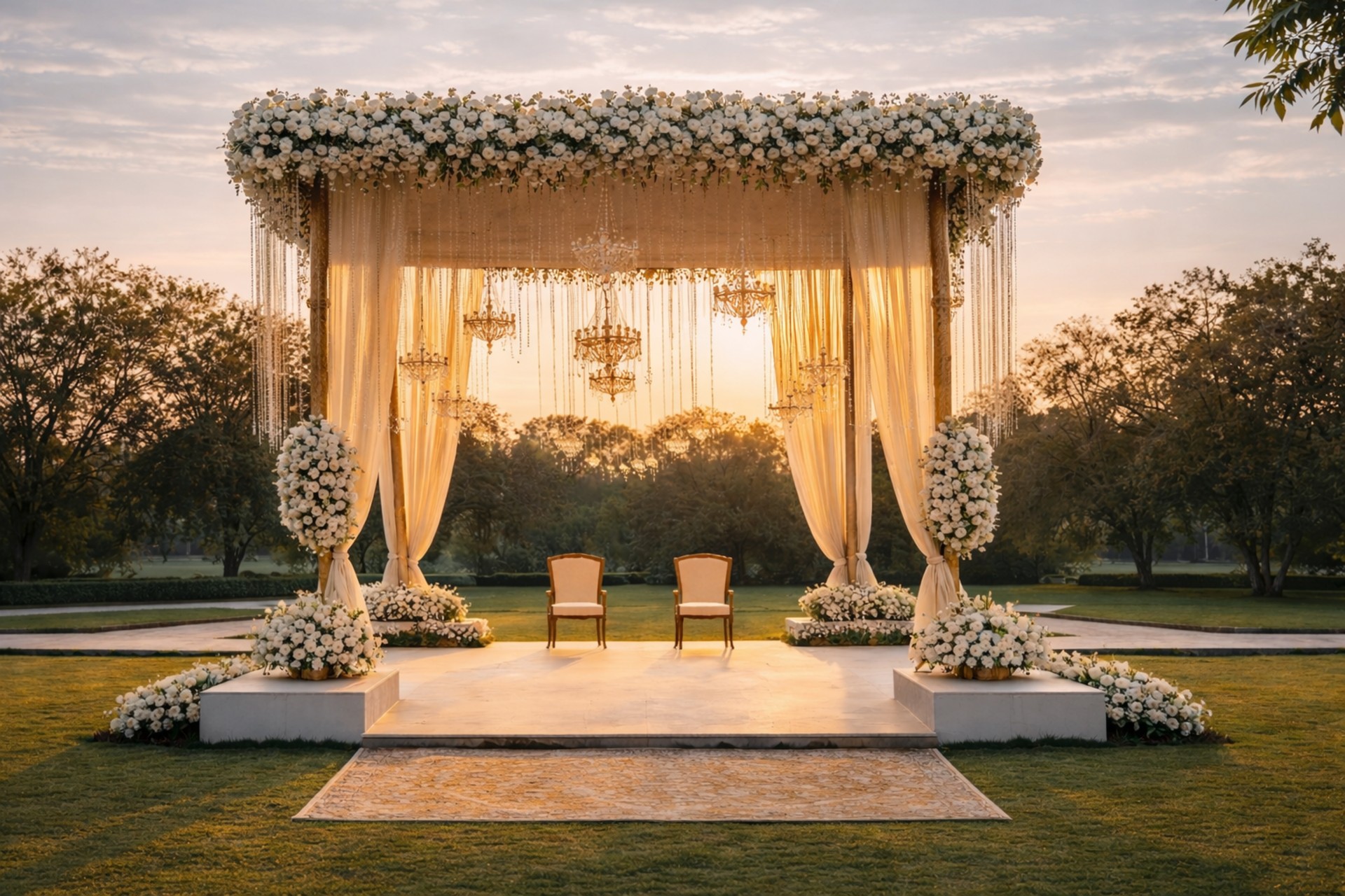 Elegant outdoor wedding mandap with white floral canopy, golden chandeliers and draped curtains at sunset — InstantPix wedding photo search